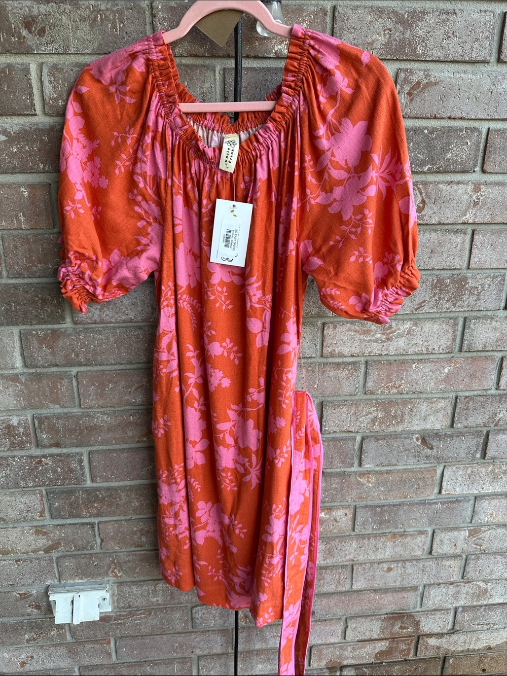 Uncle Frank Orange with Pink Floral Puff-Sleeve Midi Dress
